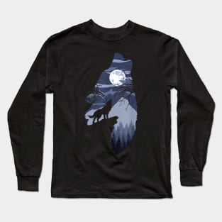 Forest with Full-Moon and Cliff Of Silhouette Howling Wolf Long Sleeve T-Shirt